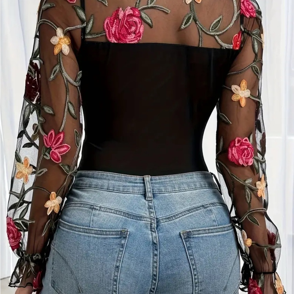 Floral Embroidered Black Mesh Top/ body suit - Picture 3 of 3